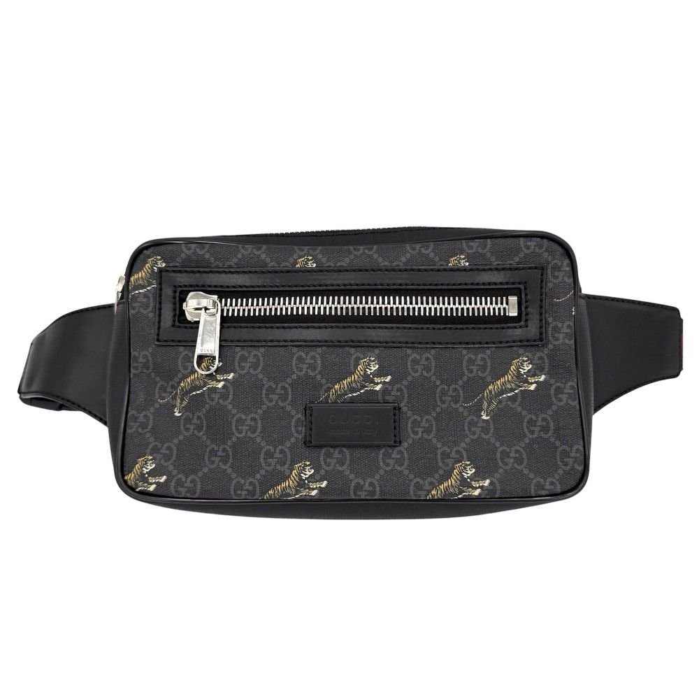 グッチ ウエストバッグ メンズ タイガー ベルトバッグ ボディバッグ ウェブストライプ 斜め掛け 小さめ 虎 GUCCI 474293 GGスプリームキャンバス レザー ブラック 黒 シルバー金具【中古品】