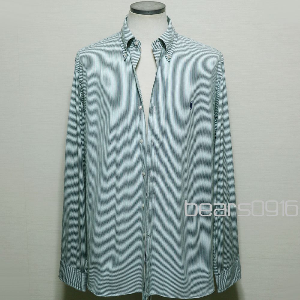 【キャンディーストライプ】ラルフローレン ボタンダウン シャツ 緑×白 キャンディー 紺ポニー16 1/2 42 L XL ゴールデンサイズ 近年モデル 美品 米国購入