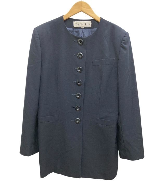 クリスチャンディオール ノーカラージャケット ウール ネイビー L Christian Dior/クリスチャンディオール/ノーカラー/ロングジャケット