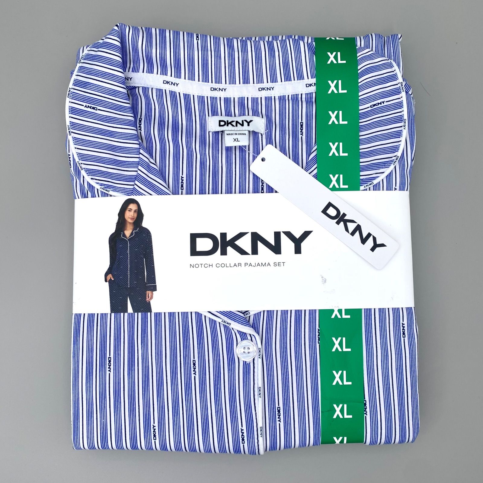 DKNY レディース ノッチカラー長袖パジャマ XLサイズ ライトブルーストライプ
