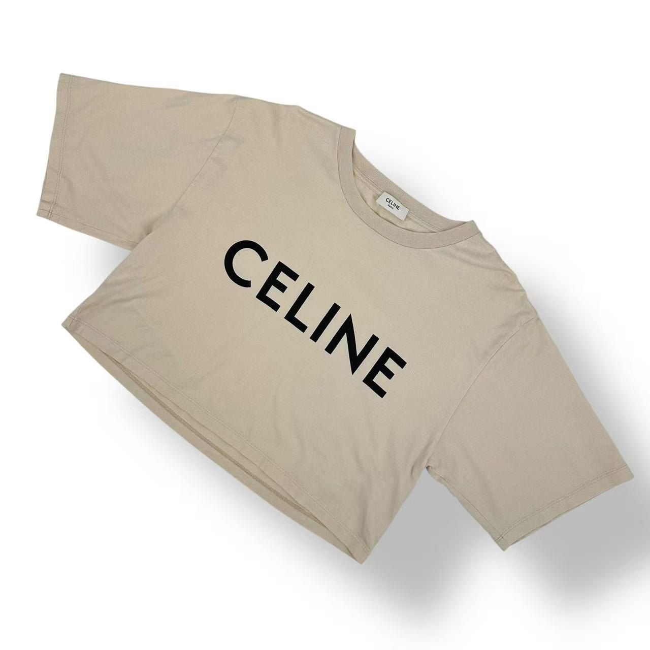 極美品 CELINE セリーヌ コットン クロップド ロゴ Tシャツ ベージュ