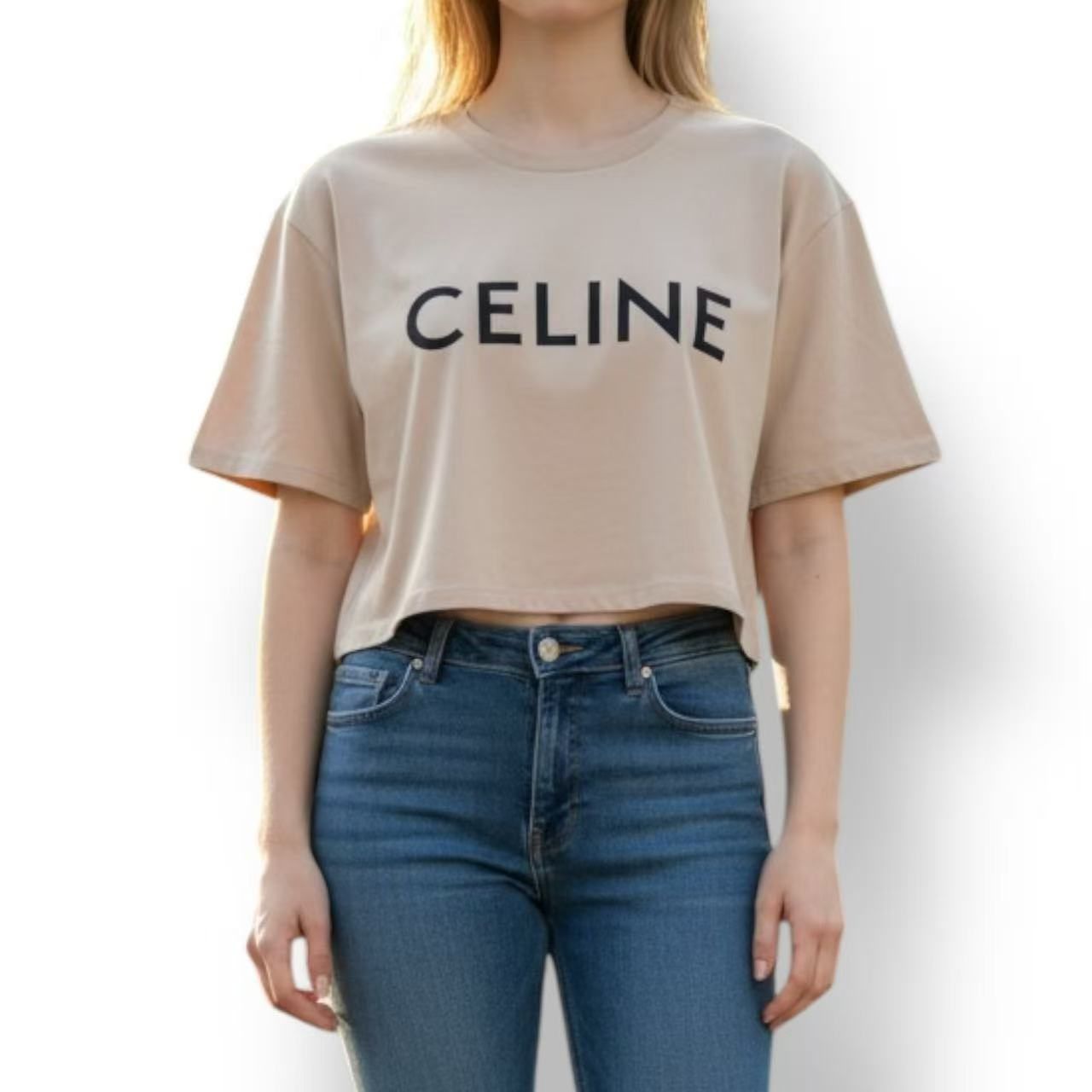 極美品 CELINE セリーヌ コットン クロップド ロゴ Tシャツ ベージュ