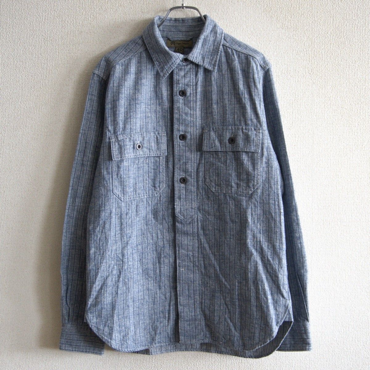 【美品】NIGEL CABOURN 【コットン リネン ストライプ ワーク シャツ】48 ナイジェルケーボン シャツ 26050360