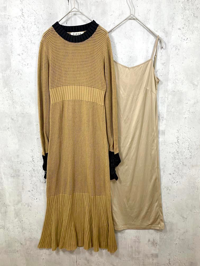 pinue ピヌエ ロングスリーブ メッシュ編み リブニットメッシュ ワンピース sizeS/茶 ■◇◎レディース