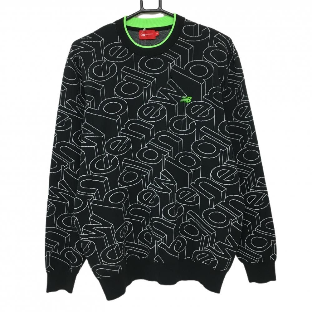 【超美品】ニューバランスゴルフ セーター 黒×白 ロゴ総柄 ニット ロゴ刺しゅう メンズ 6(XL) ゴルフウェア New Balance