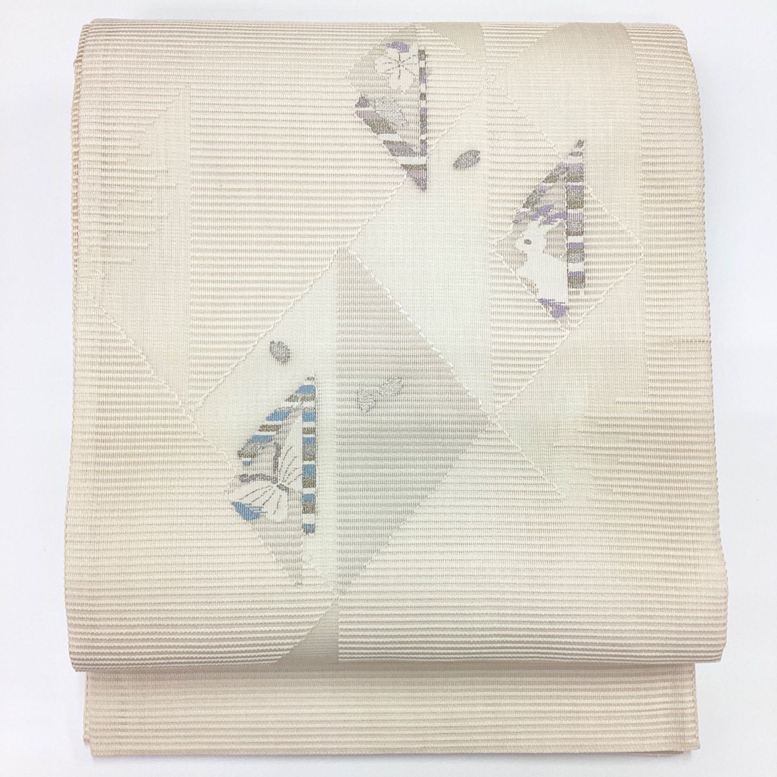 中古品　夏帯　洒落袋帯　芯入り　クリーム色　正絹　R834