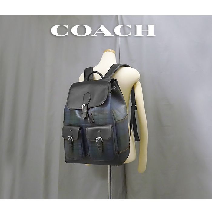 美品】 COACH チェック レザーリュック コーチ メンズ シグネチャー 