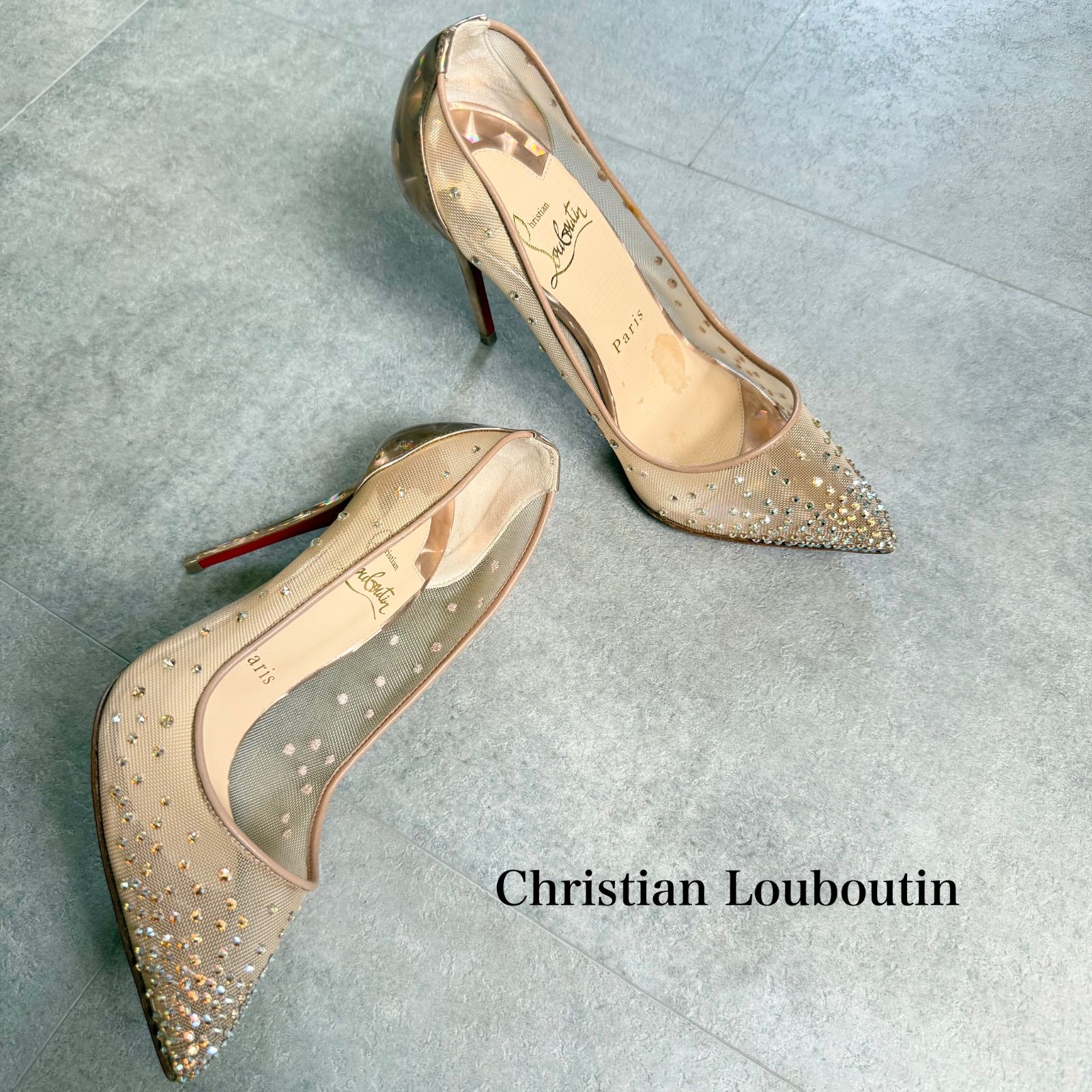 Christian Louboutin クリスチャンルブタン スワロフスキー メッシュパンプス ベージュ 35 1/2 レディースシューズ 22.5cm レッドソール