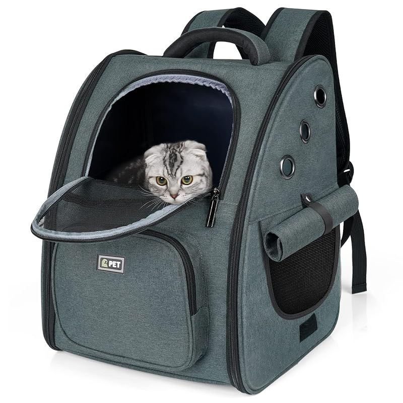 Tresbro 最新型 犬 猫 リュック カーテン付きの ペットキャリー 折り畳み式 きゃりーバッグ 小型犬・小動物用 旅行／通院／災害避難に最適 お出かけ バッグ ダークグレー 0