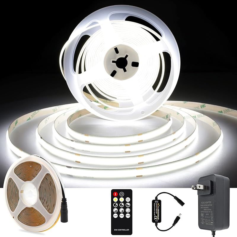 AXMOTUT COB LEDテープライト5m 24V 昼光色 6000K 高輝度 調光可能 高密度 フレキシブル LEDテープライト 付きRF リモートおよび PSE認証電源 切断可能 取付簡単 工具不要 非防水 店舗 室内 ホーム装飾用 DIY 0