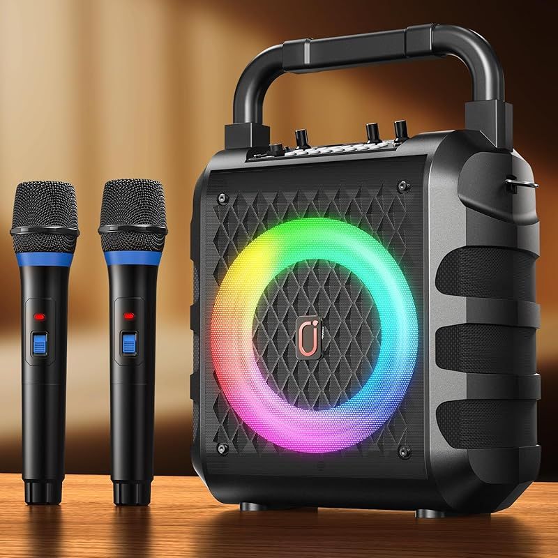 スピーカーセット JYX カラオケセット 家庭用 拡声器 ワイヤレスマイク ２本 Bluetooth 5.1 小型 PAセット 小型 カラオケマシン ポータブルスピーカー SDカード USB AUX Android 対応 ホームパーティー／会議／スピーチ／ 1