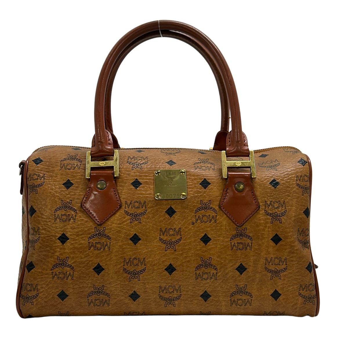 MCMロゴ入りブラウンレザー ボストンバッグ ハンドバッグ MCM エムシー