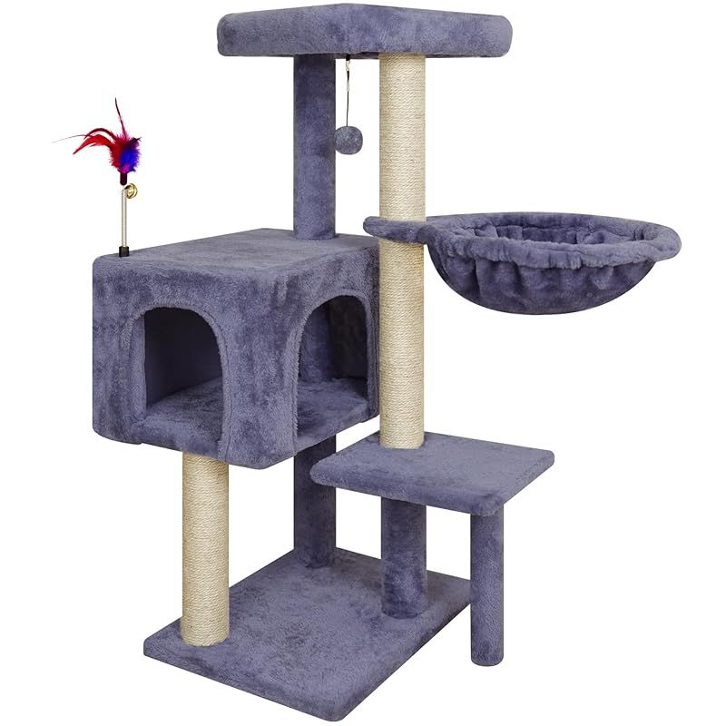 YOUPETSER 90cm キャットタワー、多機能、ハンモック付き、猫タワー、猫ハウス、天然のジュート、 据え置き、省スペース、爪とぎ 運動不足解消、グレー 1