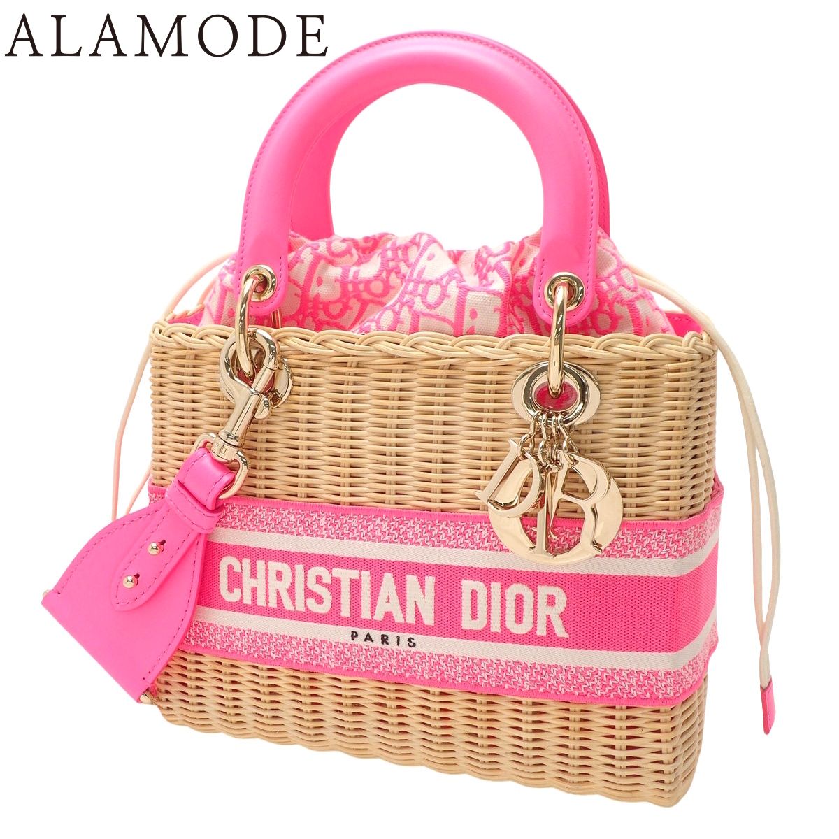 Christian Dior(クリスチャン・ディオール) カナージュ レディディオール ウィッカー ミディアム ハンドバッグ 2WAY ショルダーバッグ ラタン キャンバス ウィッカー ピンク 63-MA-0262 40802194921【アラモード】