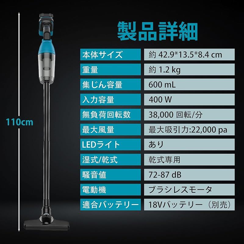 充電式掃除機 コードレス 集塵機 マキタ18Vバッテリーに互換 22000Pa超