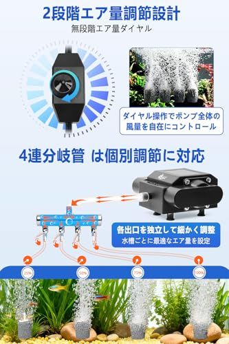 AQQA 水槽 エアーポンプ 四つ吐出口 強力 金魚エアーポンプ エア量調節 AQQA 水槽 エアーポンプ 四つ吐出口 強力 金魚エアーポンプ エア量調節