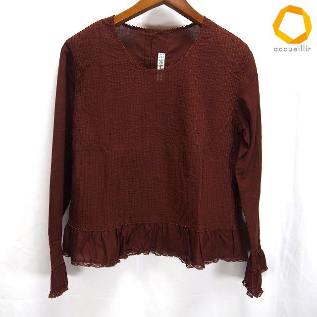 #a カネコイサオ KANEKO ISAO カットソー 茶 長袖 ピンタック レース 綿 100% バックボタン レディース [1005884] k01