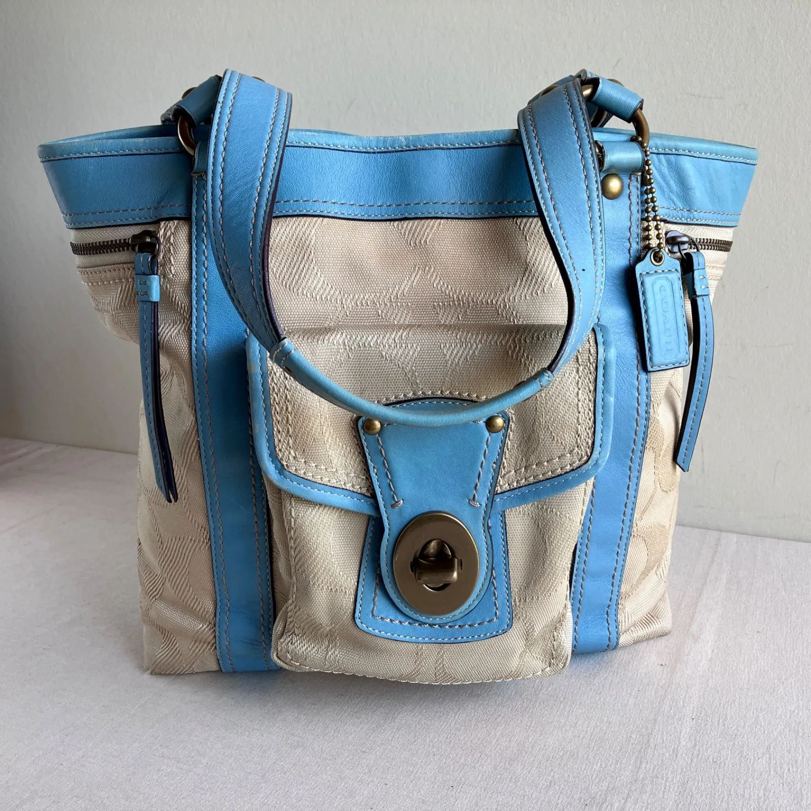 Coach Vintage Signature Blue Canvas Leather Shoulder Tote Bag Y2K