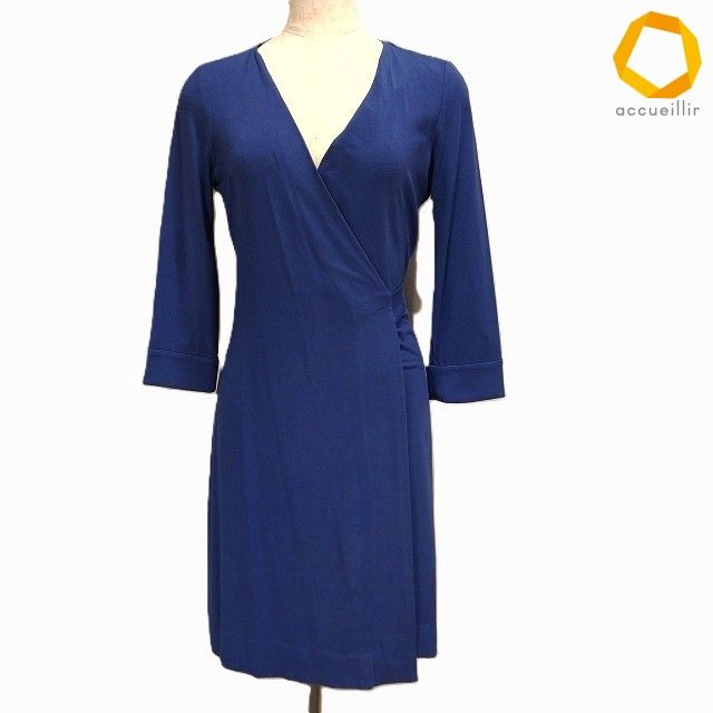 #a ダイアンフォンファステンバーグ DVF ワンピース 0 青紫系 七分袖 カシュクール ラップワンピース 無地 小さいサイズ [983108] k01