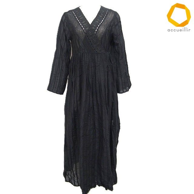 #a ヌキテパ NE QUITTEZ PAS ワンピース 黒 ロング レース ラップワンピース 羽織り 綿 100% タグ付き 美品 レディース [983160] k01