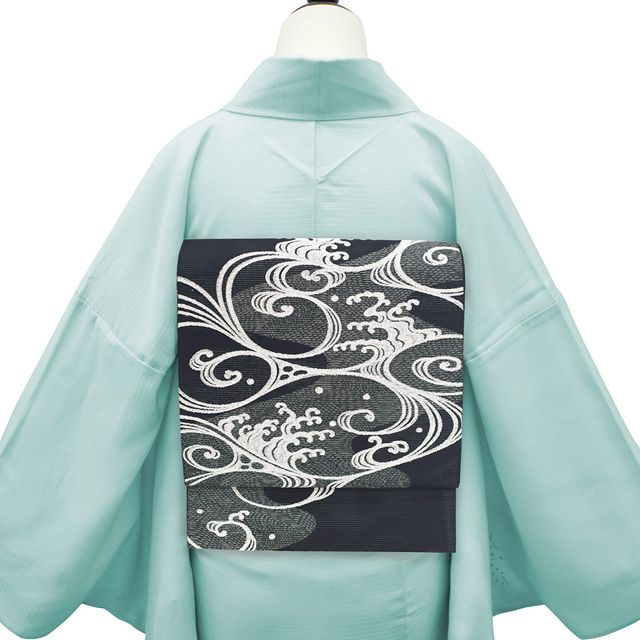 夏物の袋帯　正絹　オシャレ帯締め添えて 新古品】 夏物 袋帯 未使用 正絹 絽 夏帯 京都 西陣 涛波 銀糸 黒 銀
