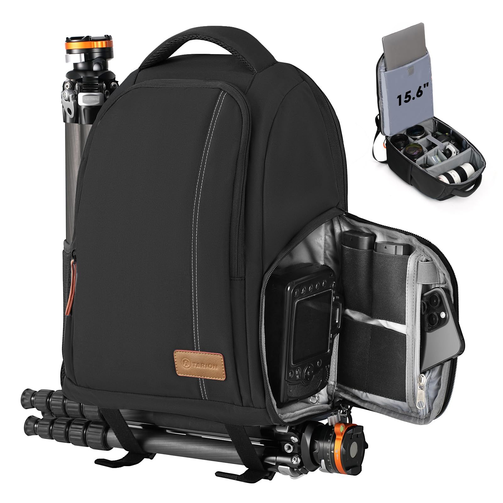 [TARION] カメラリュック カメラバッグ 一眼レフ 15L 2気室 超軽量0.85KG サイドアクセス 15.6インチPC収納 サイド&ボトム三脚収納可 複数ポケット TB-04 ブラックpms d6ad7ac1