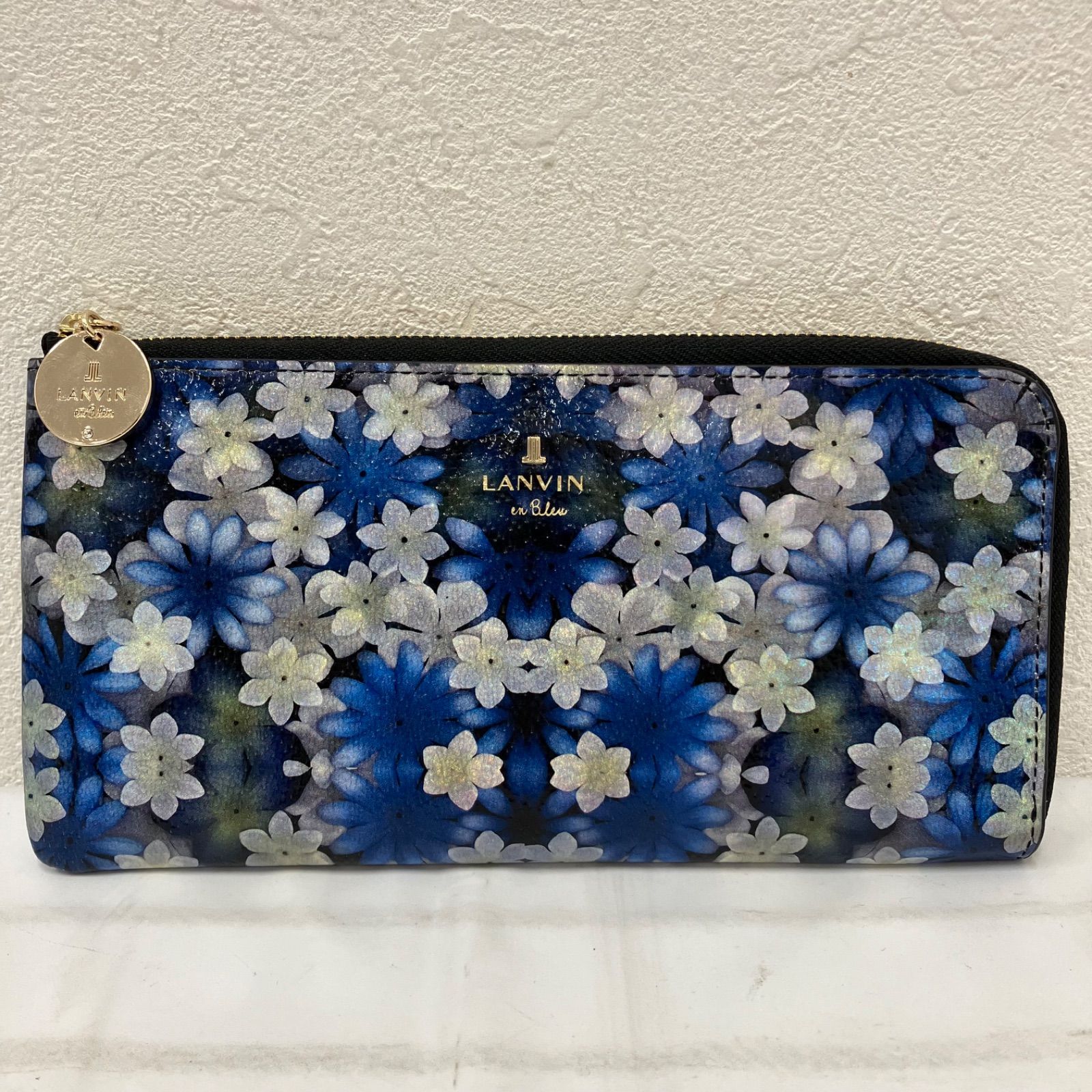 1002　LANVIN en Bleu 　ランバンオンブルー　ブルフルールL字ファスナー　長財布　ウォレットケース　お財布　花柄　ブルー系