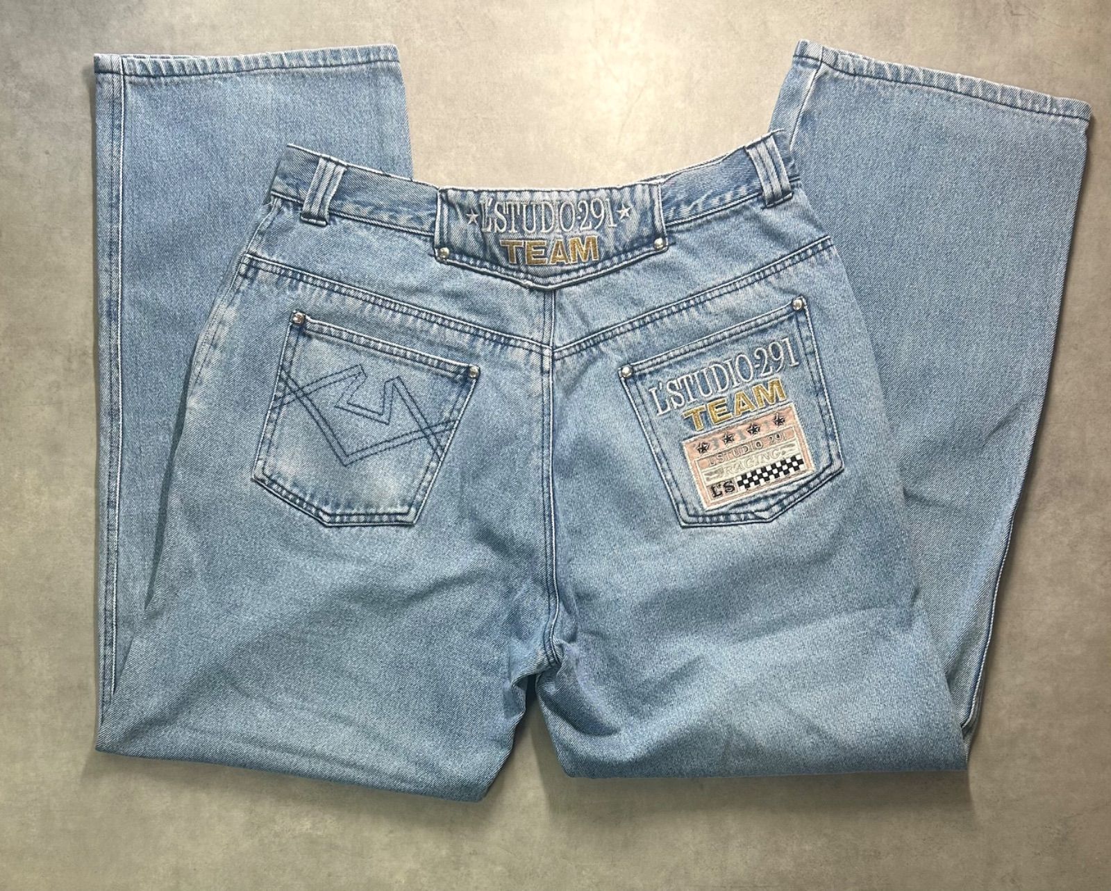 希少 Y2K L'STUDIO 291 レーシング 刺繍 デニム バギーパンツ ジーンズ 極太 ワイドストレート ライトブルー系 ウエスト38 4,963円