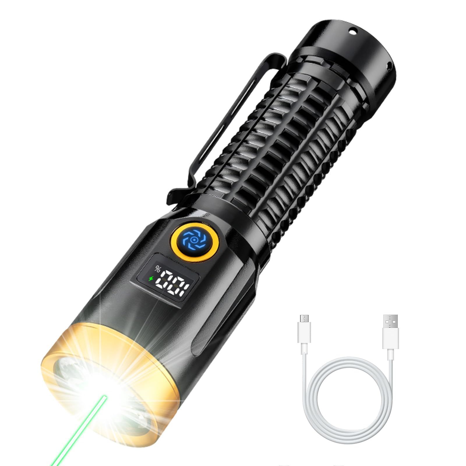 懐中電灯 超高輝度8000ルーメン 超遠距離照射2000m Type-C充電式/電池式 緑色光線インジケータ 強力ハンディライト 7モード調光 IPX67防水 コンパクト 防災 登山 夜釣り キャンプ 地震停電対策 クリスマスプレゼントmi d7eb4b67