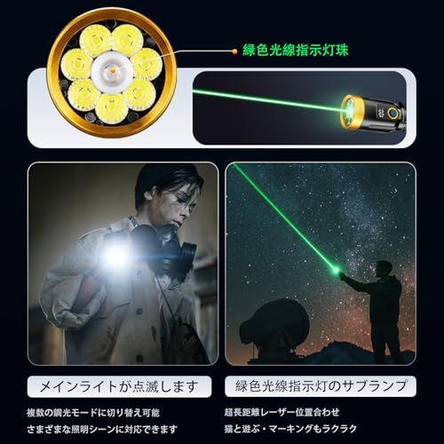 懐中電灯 超高輝度8000ルーメン 超遠距離照射2000m Type-C充電式/電池式 緑色光線インジケータ 強力ハンディライト 7モード調光 IPX67防水 コンパクト 防災 登山 夜釣り キャンプ 地震停電対策 クリスマスプレゼントmi d7eb4b67