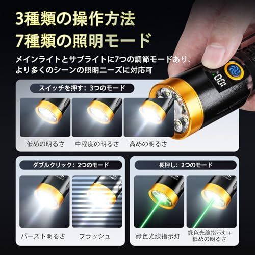 懐中電灯 超高輝度8000ルーメン 超遠距離照射2000m Type-C充電式/電池式 緑色光線インジケータ 強力ハンディライト 7モード調光 IPX67防水 コンパクト 防災 登山 夜釣り キャンプ 地震停電対策 クリスマスプレゼントmi d7eb4b67