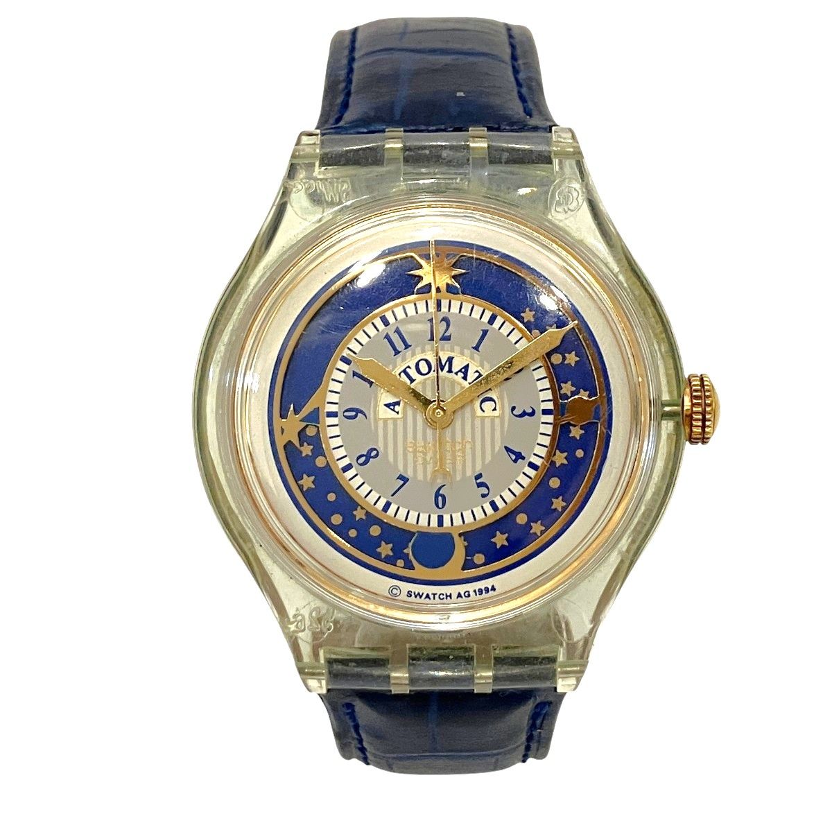 スウォッチ Swatch ミルヒシュトラーセ 腕時計 総重量約27.8g 樹脂 本革 自動巻き ホワイト×ネイビー×ゴールド文字盤 SAG402 ボーイズ