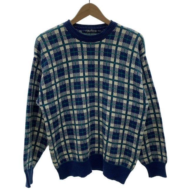 【中古】　nautica　セーター　90s vintage　90年代　OLD　長袖　トップス　クルーネック　チェック　ストリート　古着　/0126