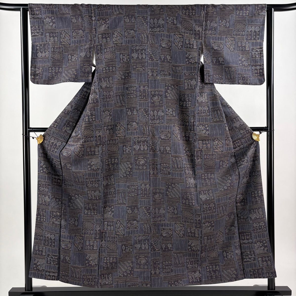 美品 小紋 身丈155cm 裄丈62cm S 袷 家屋 草花 藍色 正絹 秀品 中古 