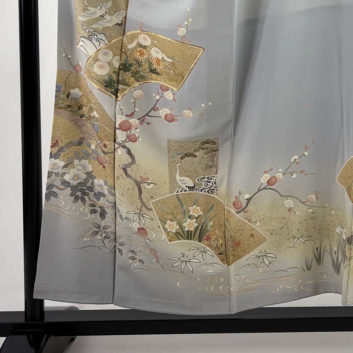在庫一掃】 色留袖 身丈156cm 裄丈63cm S 袷 落款 扇面 松竹梅 金糸