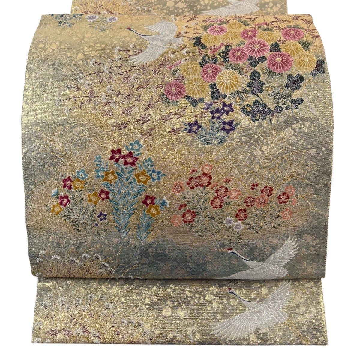 【在庫一掃】 【美品】 袋帯 逸品 長嶋成織物 落款 証紙 鶴 草花 箔 金糸 金色 六通 正絹 【中古】