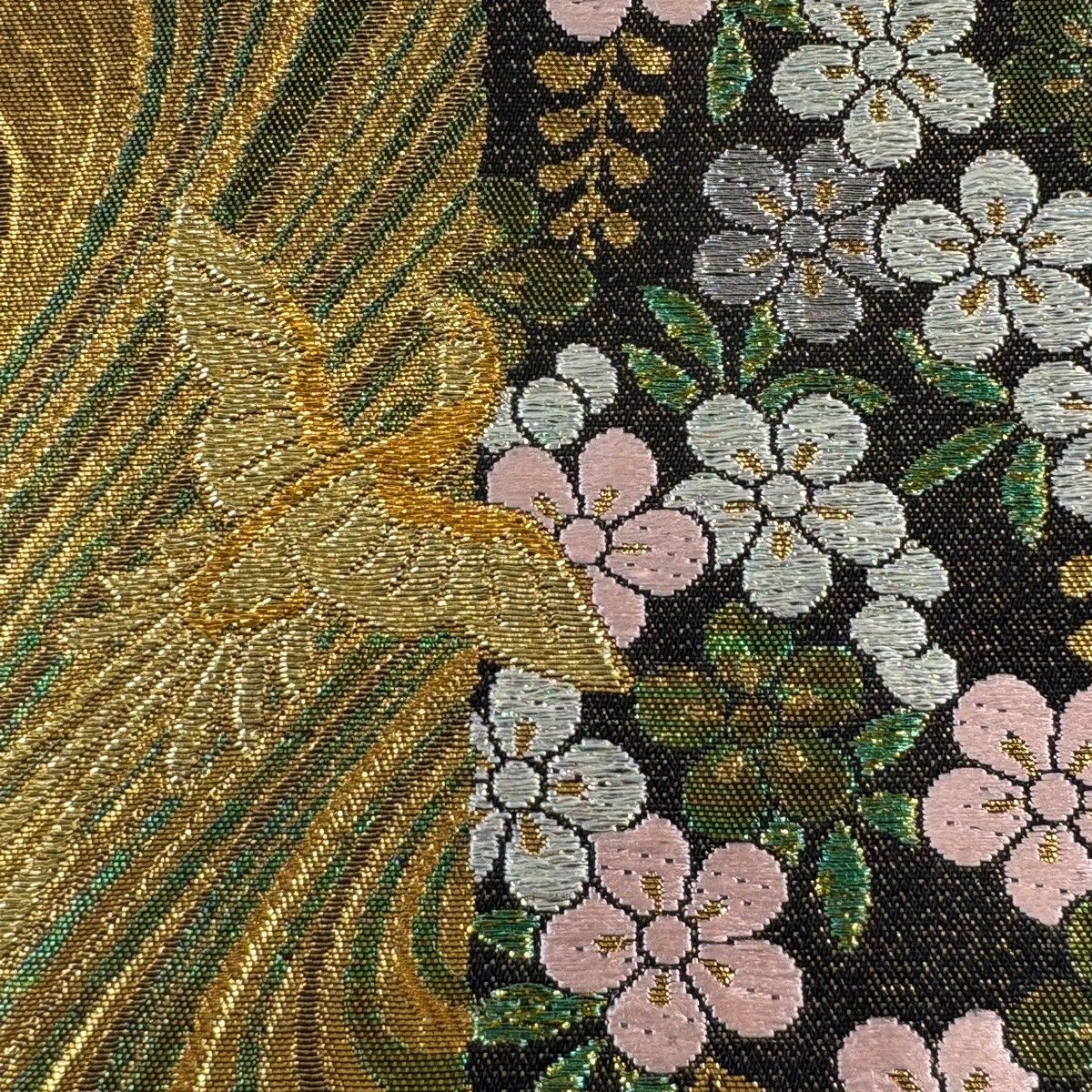 在庫一掃】 【美品】 袋帯 秀品 振袖向き 梅 鳥 金銀糸 箔 金色 六通