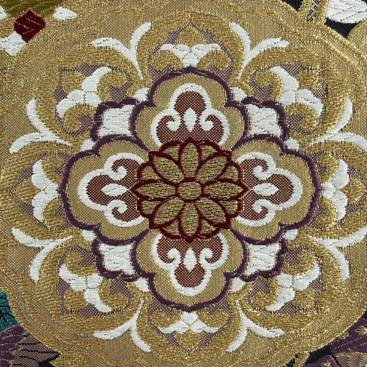 在庫一掃】 【美品】 袋帯 秀品 振袖向き 華文 花鳥 金糸 箔 金色 六通