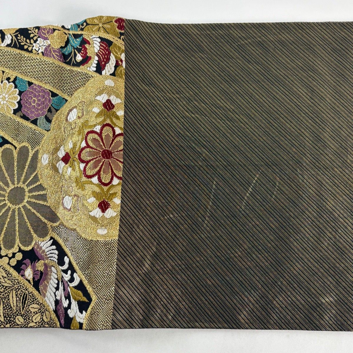 在庫一掃】 【美品】 袋帯 秀品 振袖向き 華文 花鳥 金糸 箔 金色 六通