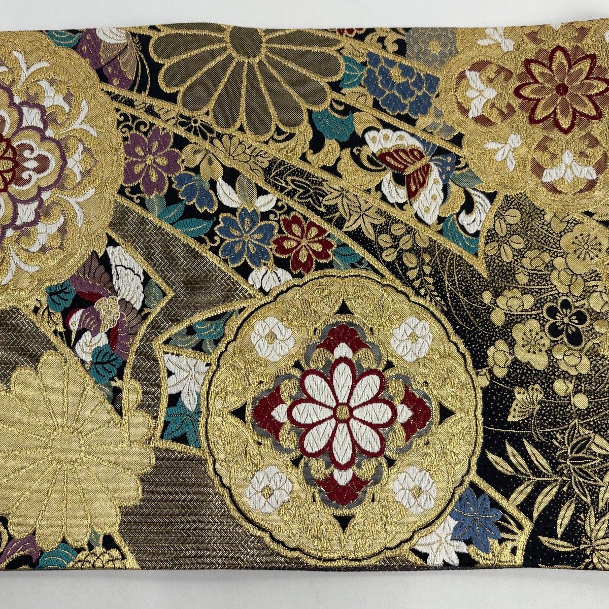 在庫一掃】 【美品】 袋帯 秀品 振袖向き 華文 花鳥 金糸 箔 金色 六通