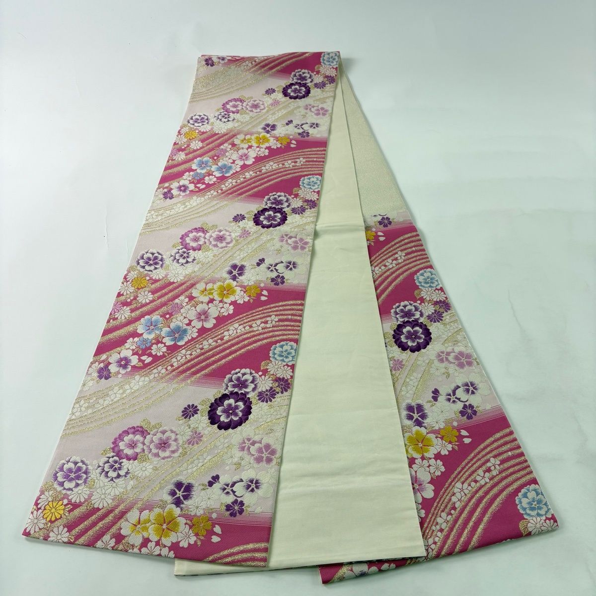 在庫一掃】 【美品】 袋帯 名品 振袖向き 桜 菊 箔 ピンク 六通 正絹 