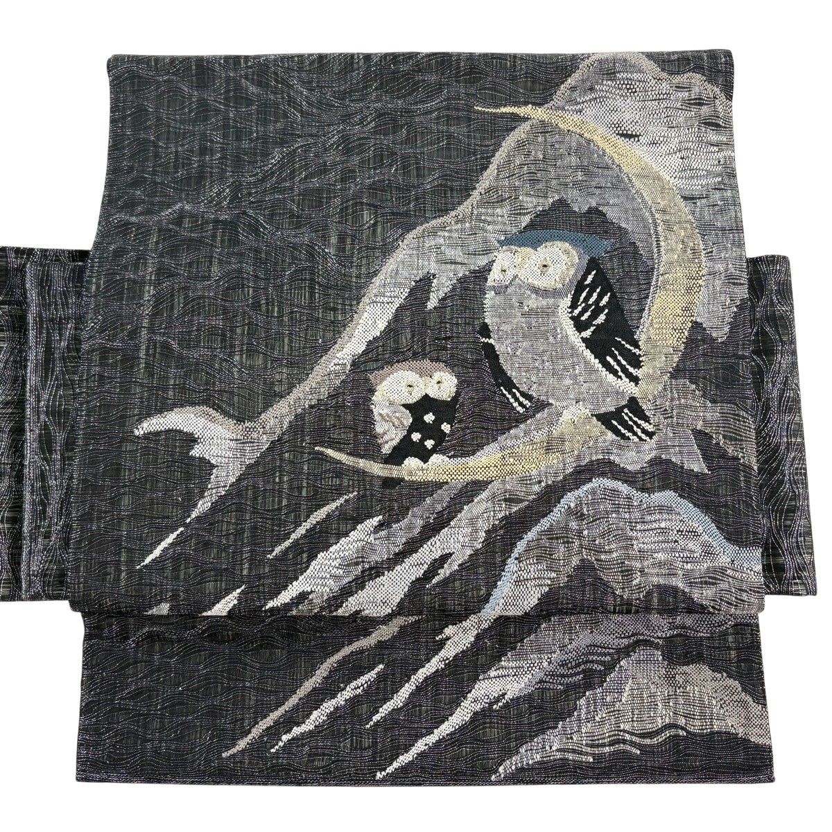 【在庫一掃】 【美品】付け帯 逸品 作り帯 ふくろう 三日月 金糸 銀糸 黒灰 正絹 【中古】 8,501円