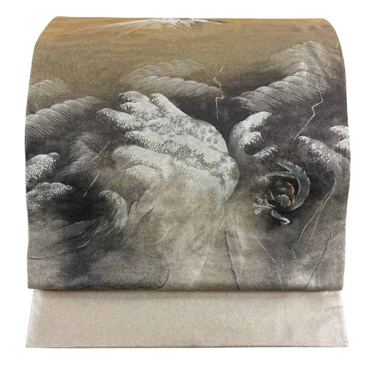 【在庫一掃】 【美品】 袋帯 逸品 横山大観 落款 山 波頭 金糸 箔 金色 お太鼓柄 正絹 【中古】