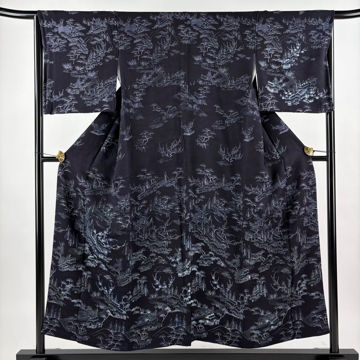 【在庫一掃】 訪問着 身丈153cm 裄丈65.5cm M 袷 風景 建物 濃紺 正絹 逸品 【中古】