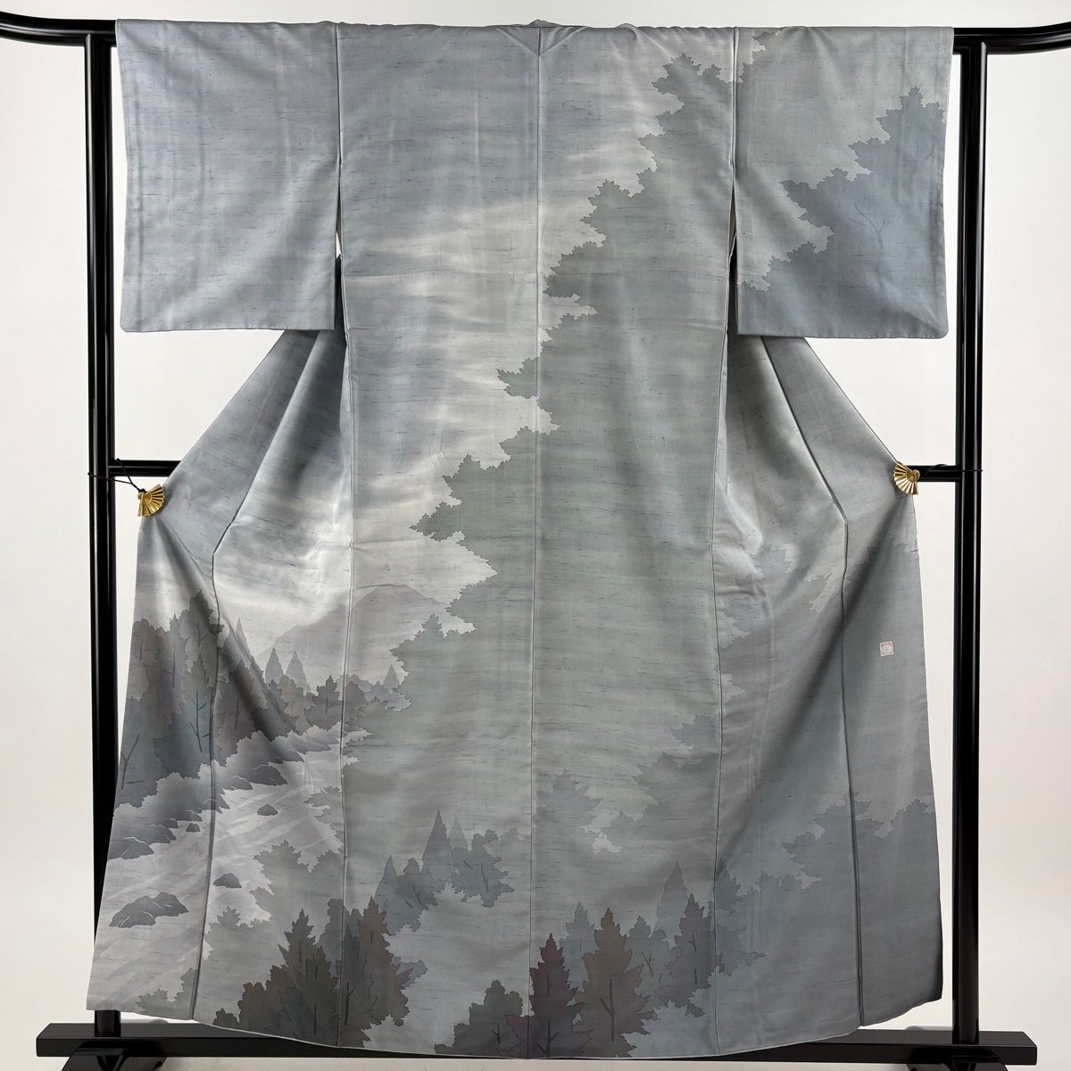 【在庫一掃】 【美品】 訪問着 身丈158cm 裄丈62cm S 袷 牛首紬地 やまと 落款 風景 樹木 ぼかし 灰色 正絹 逸品 【中古】