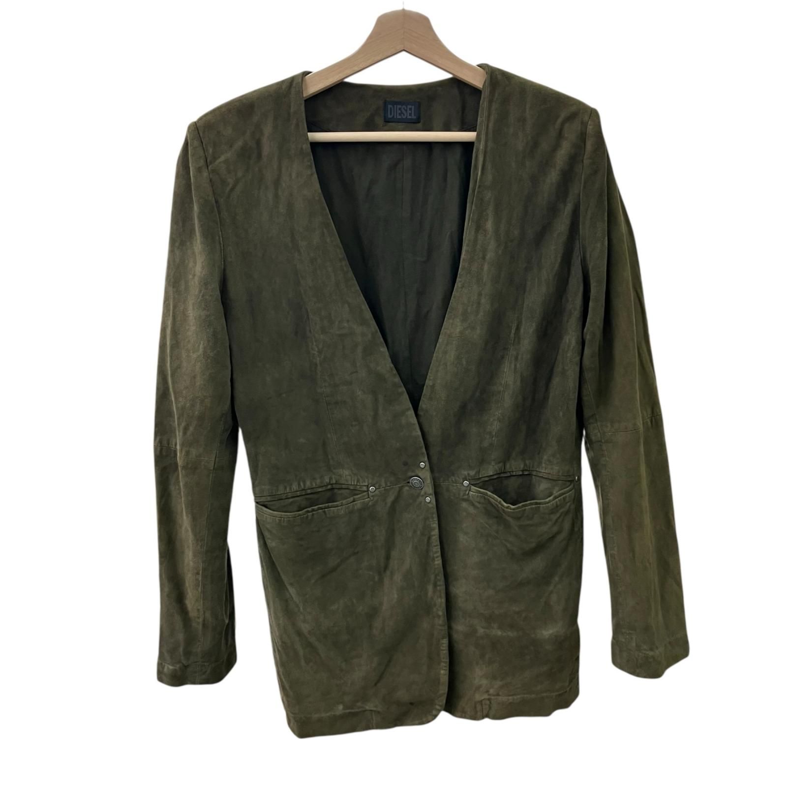 199990 現状品 DIESEL ディーゼル ジャケット ノーカラージャケット ゴートスキン S カーキ メンズ