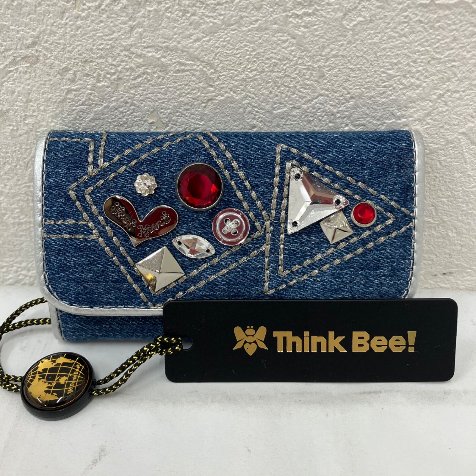 1001　美品　Think Bee!　シンクビー！　デニム　ビジュー刺繍　スパンコール　 キーケース　キーリング　鍵　アイコニックチャーム