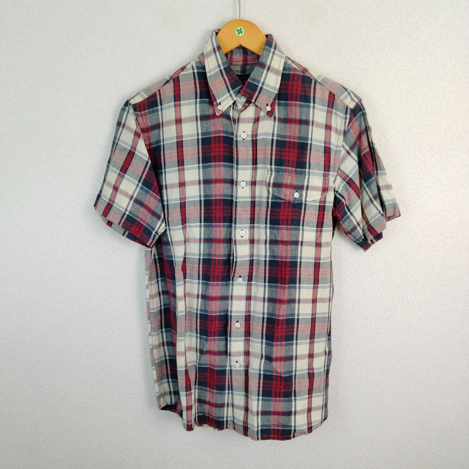 BEAMS ビームス 半袖 チェックシャツ インドマドラス ボタンダウン レッド M メンズ 古着 アメカジ クラシック