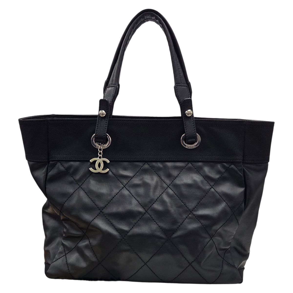 【中古】CHANEL シャネル パリビアリッツMM トートバッグ コーティングキャンバス レザー ブラック 13番台 PVCコーティング レディース ブラック 美品 お洒落 通勤 S金具 【ブランドギャラリー心斎橋店】