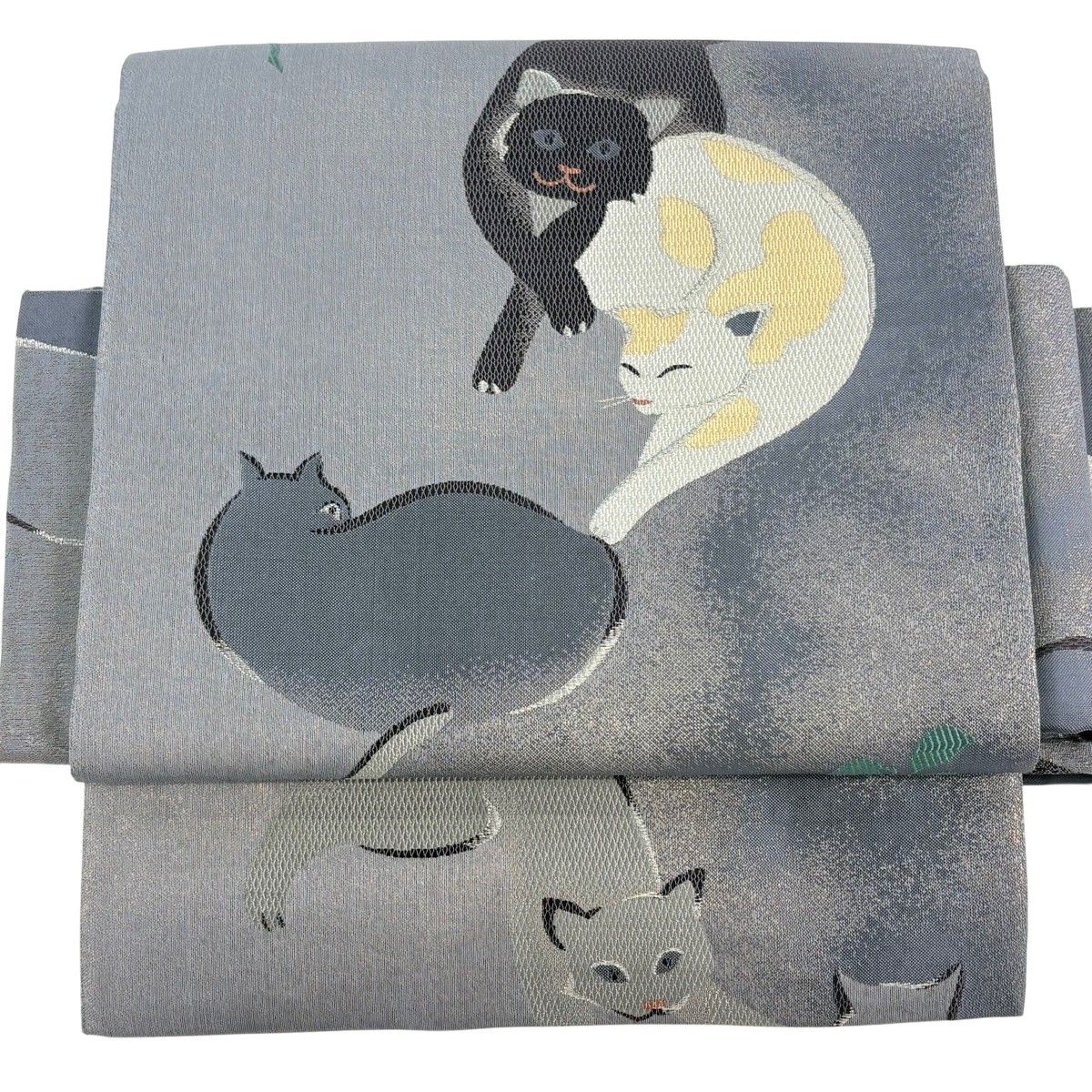 【在庫一掃】 【美品】付け帯 逸品 作り帯 ねこ 銀糸 箔 灰色 正絹 【中古】